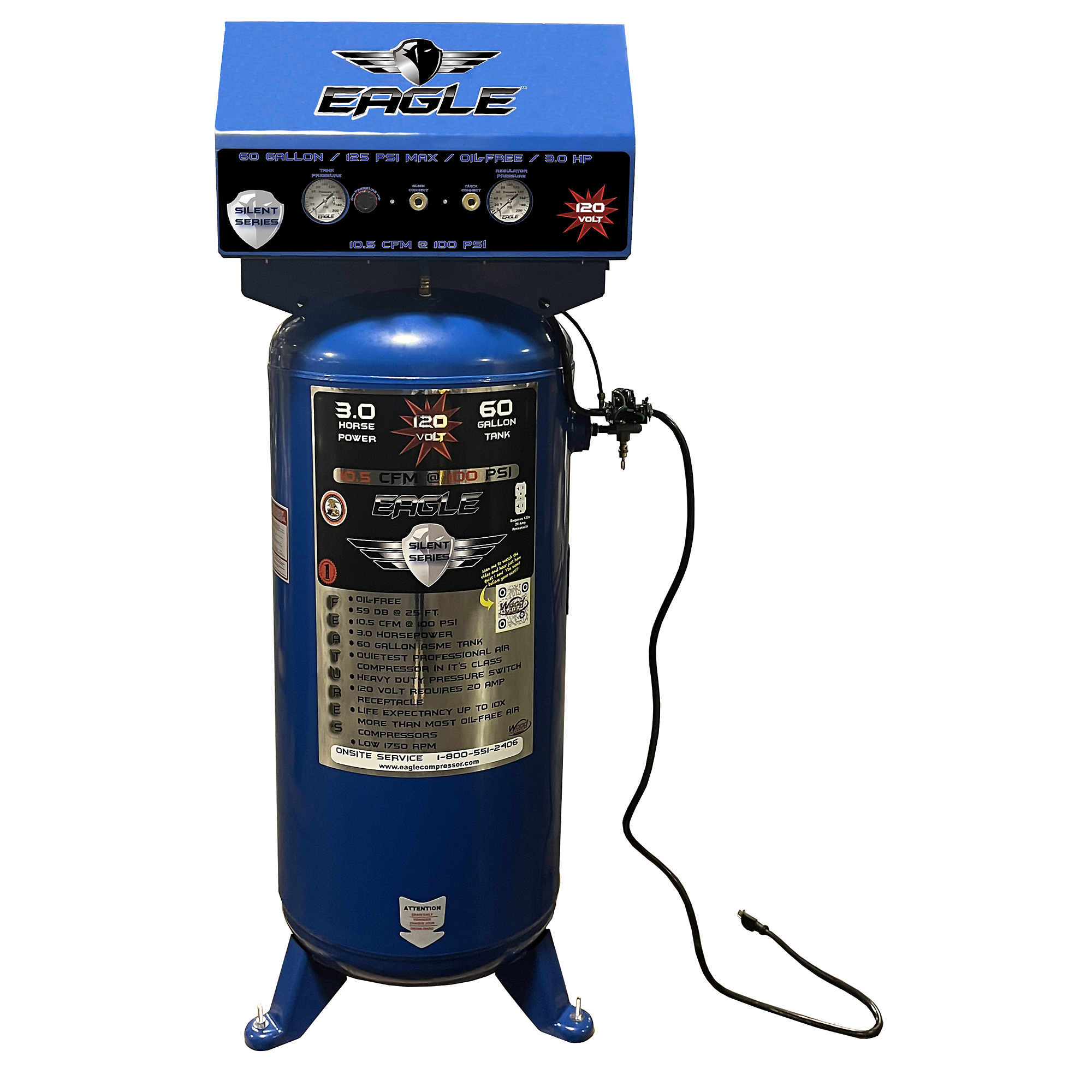 EAGLE, 60 Gallon Silent Air Compressor, Horsepower 3 HP, Air Tank Size 60 Gal, Volts 110 Volt, Model# EA-10000